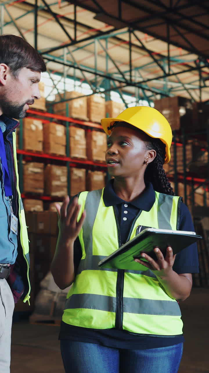 Warehouse workers inspecting inventory with a tablet
