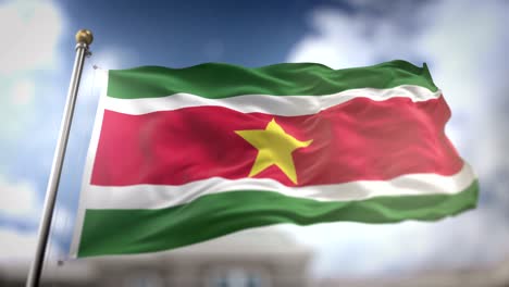 suriname flag waving slow motion 3d rendering blue sky background - seamless loop 4k