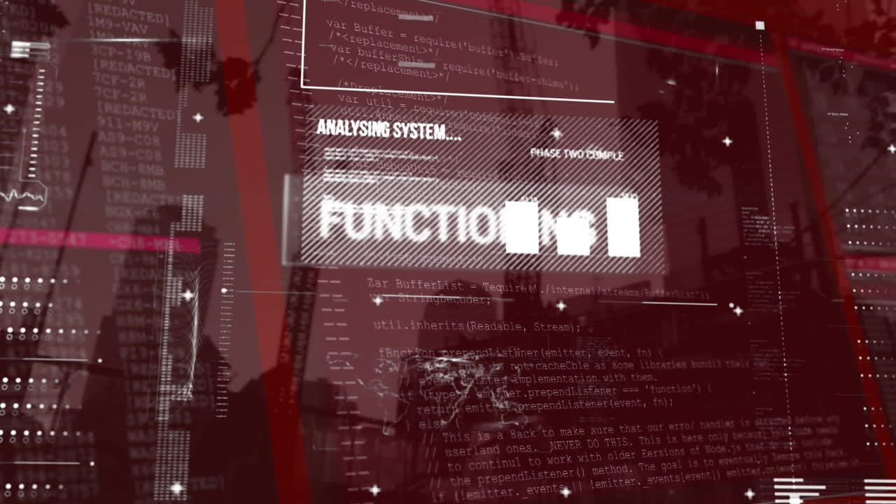 Animation of analysing system text and data processing on screen over cityscape