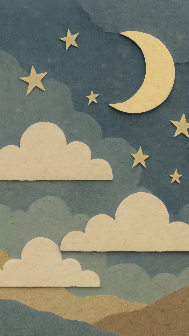 Whimsical night sky scene with paper-cut clouds, stars, and crescent moon