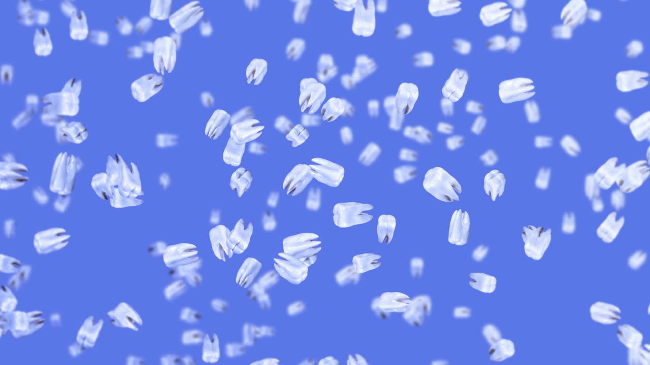 파란색 바탕에 많은  이빨을 날아. 치과 관리 개념. 치아 회전의 3d 애니메이션. 루프 애니메이션.