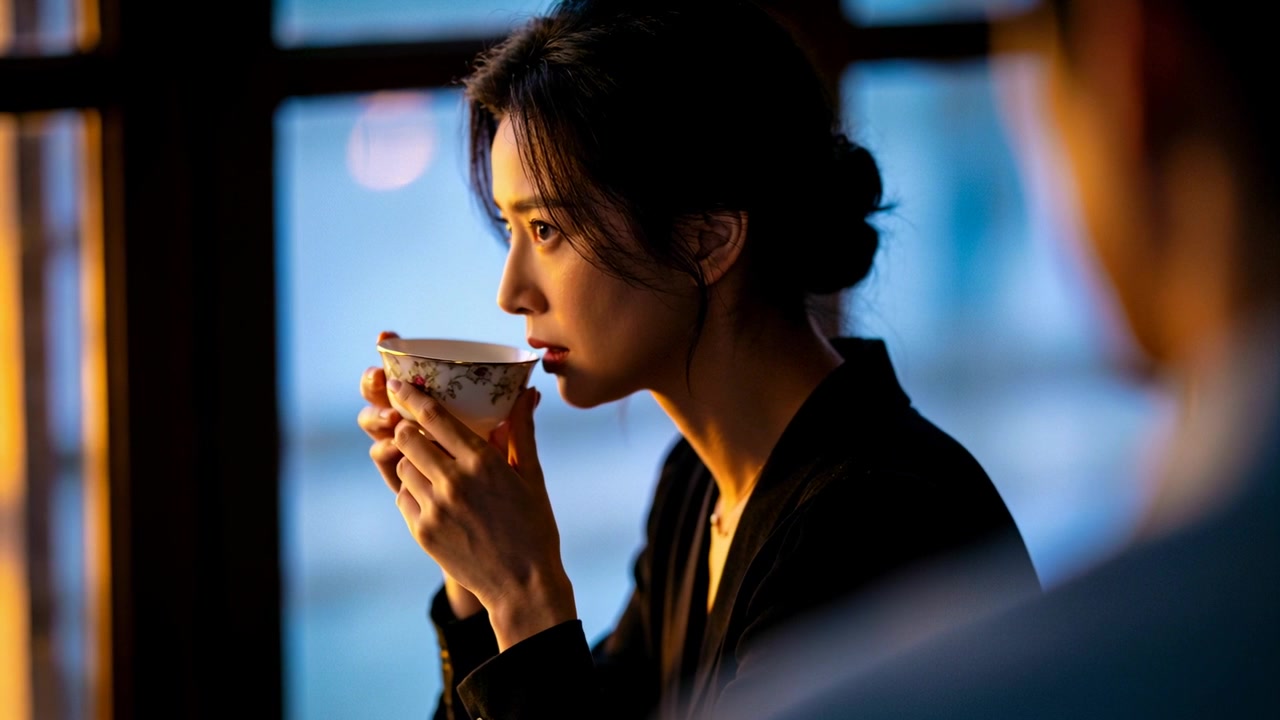 Una donna asiatica in blazer, appoggiata a una finestra, inala il profumo da una tazza da tè floreale, sorseggiando per assaporare il calore.