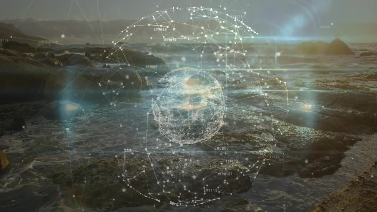 Holographic sphere fading, rotating over shoreline showing pulsing network visualizing connectivity