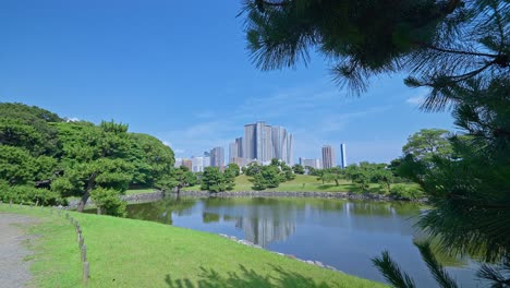 아름다운 일본 전통 정원과 초고층 건물이 있는 연못 도쿄