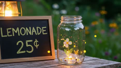 a charming lemonade stand displaying a mason jar with fairy lights and a handwritten price sign, perfect for warm summer evenings and outdoor gatherings
