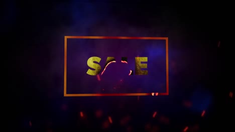 animation of white text sale, in gold frame, with red sparks on black background