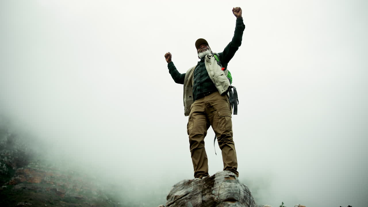 Man celebrating success on mountain peak