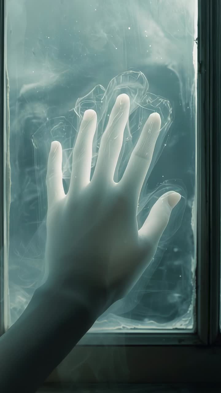 Vertical video: Entering hand pressing on frosted windowpane, tracing glowing jellyfish shapes