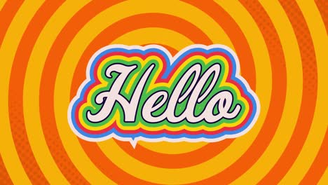 animation of retro hello rainbow text over multiple orange and yellow circular stripes in the backgr