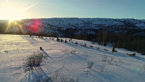 Dog-sleds-lined-up-and-ready-to-go-at-dawn---aerial-parallax