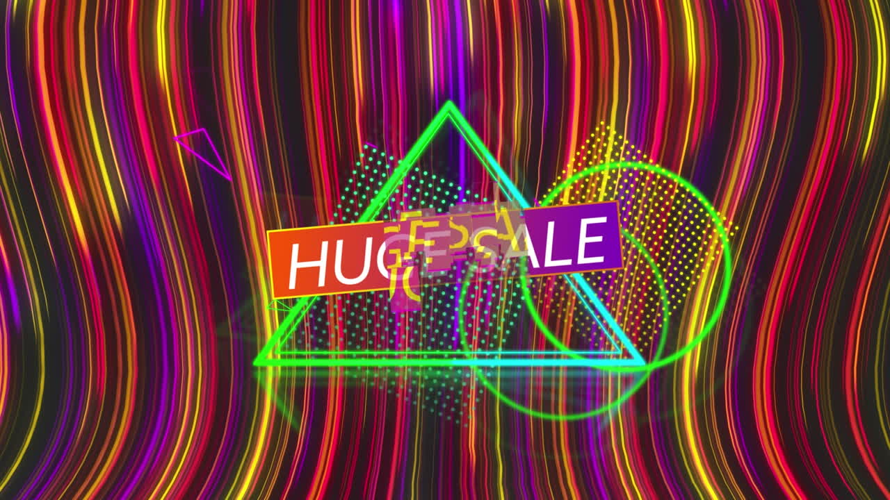 배경에서 다채로운 움직이는 선 위에 거대한 판매 텍스트의 애니메이션