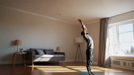 man practicing yoga and stretching exercises at home