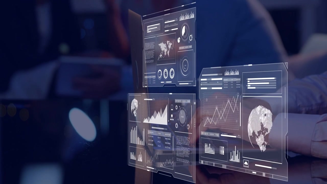 Operator hands typing on laptop initiating floating analytics panels, arranging charts for business