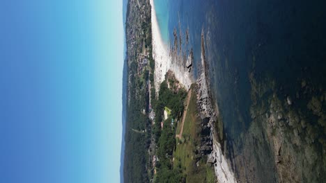 Vertical-video,-Orbiting-shot-of-Scenic-Sanxenxo-rocky-coastline-by-Atlantic-Ocean