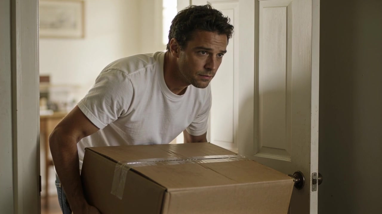 Hombre con camiseta blanca acercándose a una puerta entreabierta, doblando una caja sellada con cinta para pasarla por el umbral de la casa, evitando el pomo.