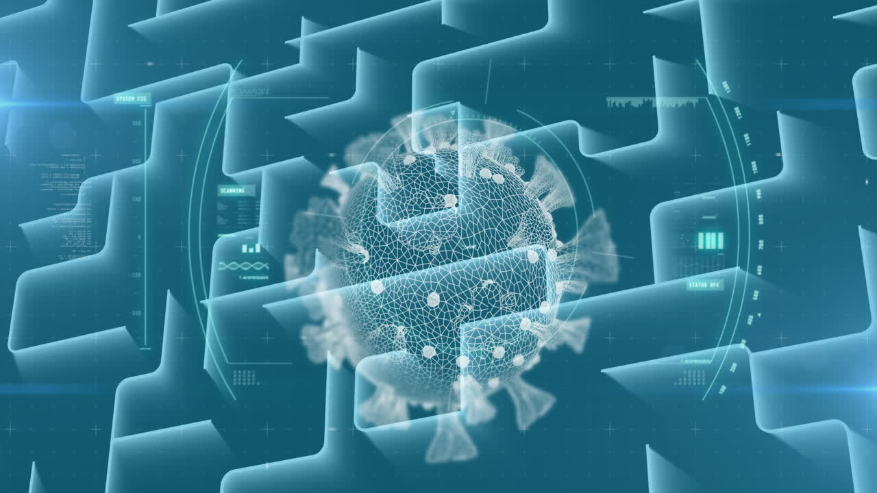 animación del procesamiento de datos de células de covid 19 y el escaneo de ámbitos