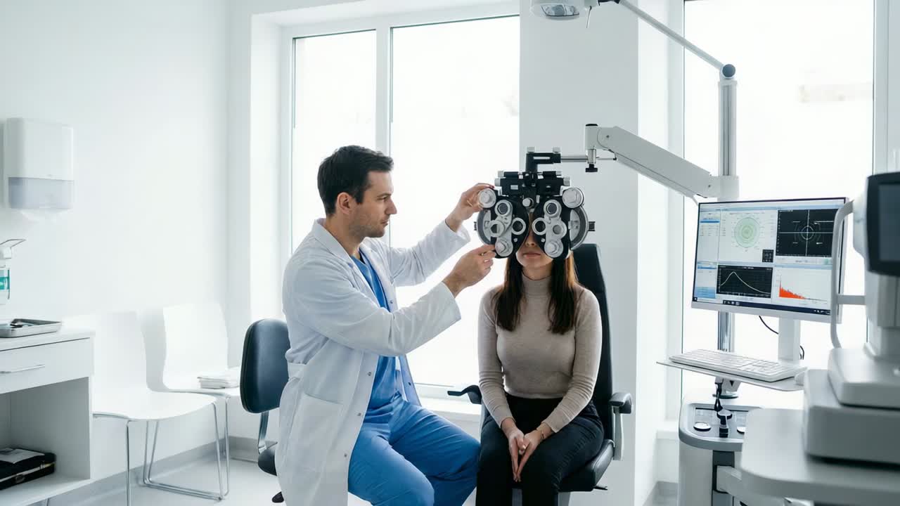 Sitting patient causing clinician white coat adjusting phoropter at clinic, measuring vision
