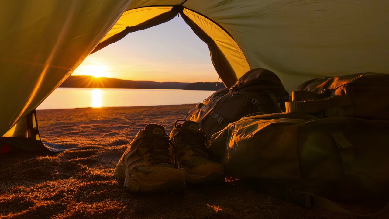 Udsigt indefra et telt, der kigger ud gennem en åben indgang mod en varm solnedgang over stille vand, med campingudstyr silhuetteret i forgrunden og en stille atmosfære.
