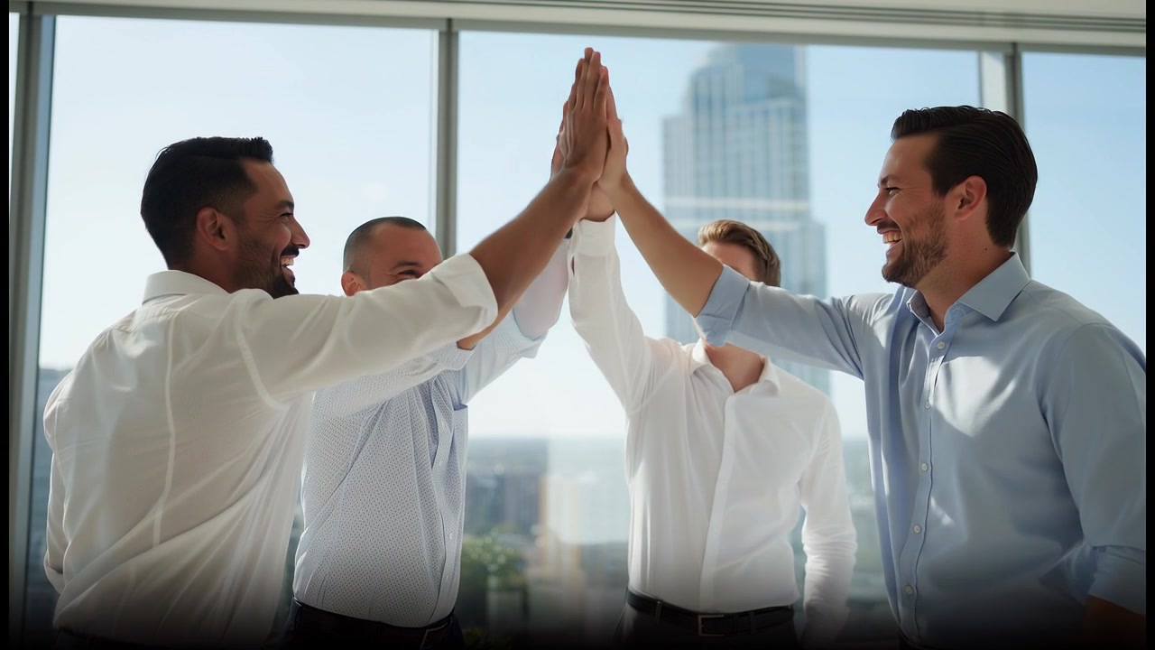 Corporate employees sharing enthusiastic high five during successful business meeting in bright office