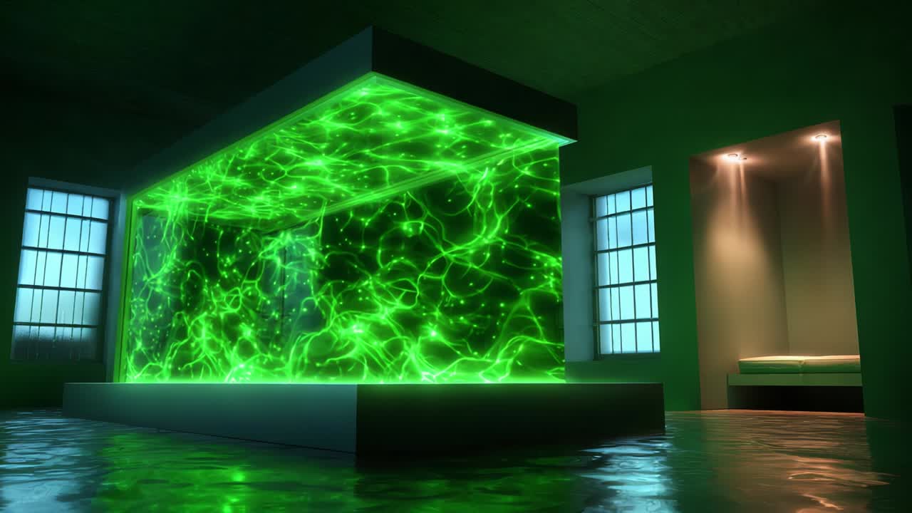 A mesmerizing green-lit aquarium with an abstract water pattern creates an ethereal atmosphere in a dimly lit room, showcasing vibrant aquatic visuals and a tranquil setting for relaxation