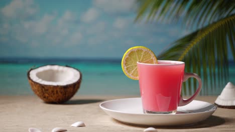 bebida tropical rosada en la playa