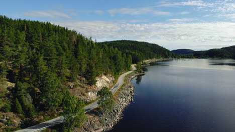 Aerial-view-of-empty-forest-road-and-the-lake-on-the-side