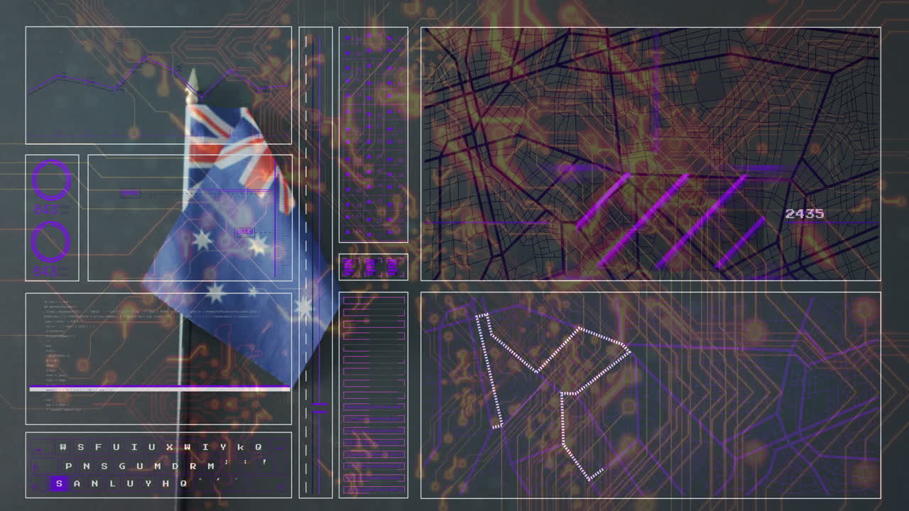 Australian flag with digital maps and data processing animation overlay