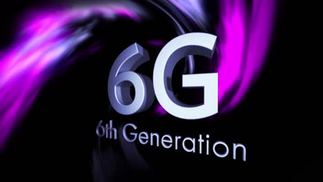 animation of 6g 6th generation text over purple light trails on black background