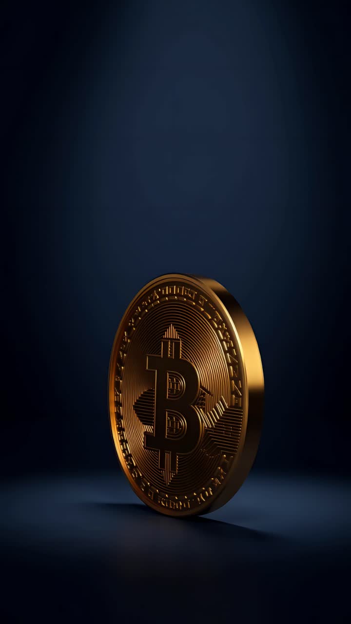 Animazione rotante di Bitcoin dorato su sfondo scuro, criptovaluta cinematografica 4K.