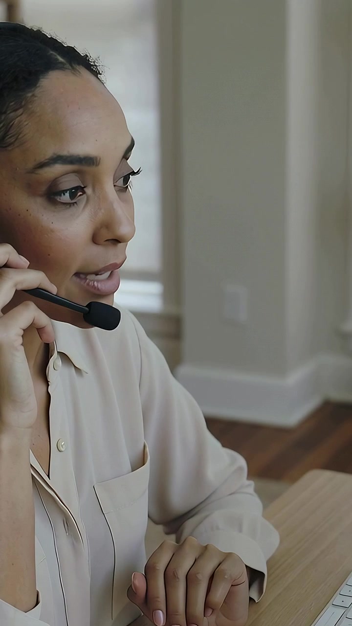 Vertical video: Taking call, home rep in top with headset signaling hold resting on keys