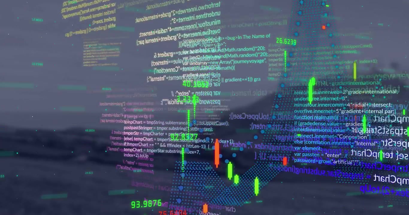 Animation of financial data processing against view of landscape