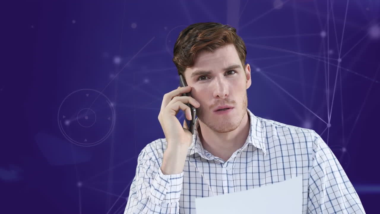 Animation of businessman talking on smartphone over network of connections