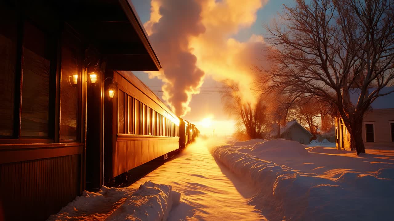 Steam Train Journeying Through Winter Wonderland at Sunset, Capturing the Magic of Cold Season Travel with Glorious Sunlight, Billowing Smoke, and a Beautiful Snow-Covered Landscape