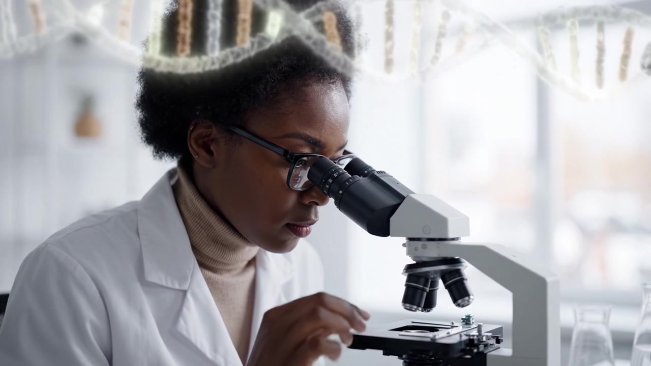 Scienziato concentrato che analizza materiale genetico al microscopio in un ambiente di laboratorio moderno, mostrando l'intersezione tra tecnologia e biologia.