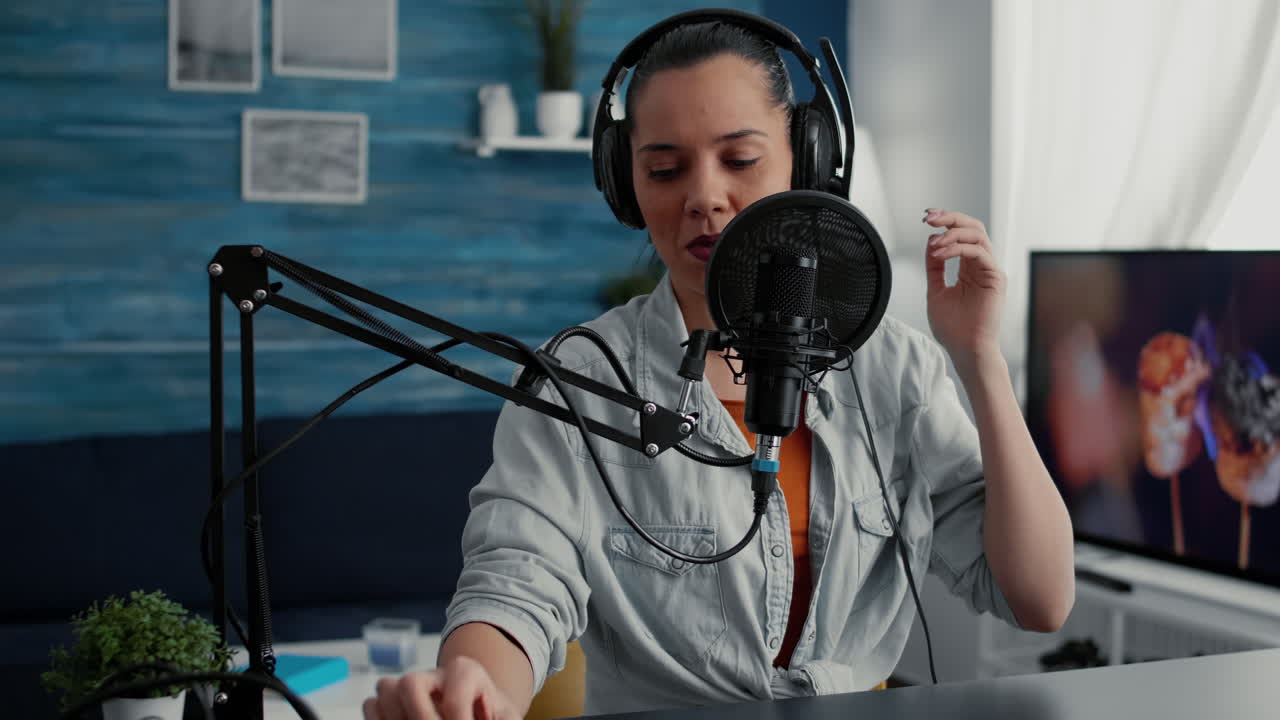 Professional podcaster putting headphones on head while starting to record video