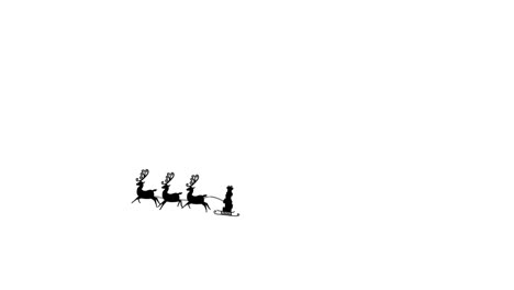 Animation-of-black-silhouette-of-santa-claus-in-sleigh-being-pulled-by-reindeer-on-white-background