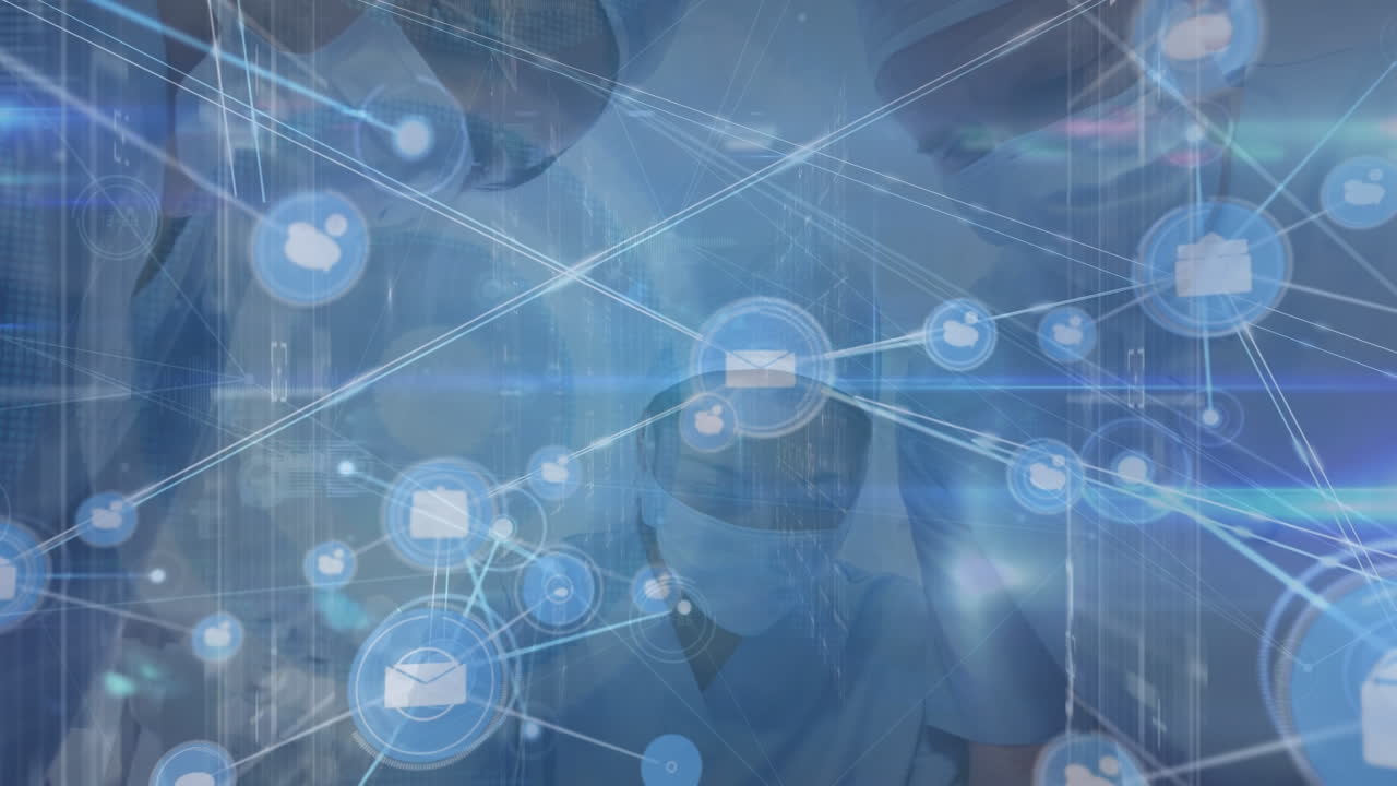 수술 중에 다양한 외과 의사의 팀을 통해 연결 네트워크의 애니메이션