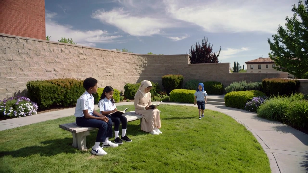 Walking child in light blue toward bench on lawn; uniformed students turning from books, copy space
