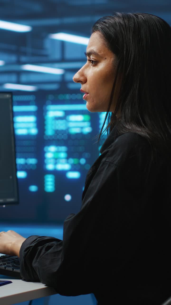 Donna professionista che digita su una tastiera in una server room