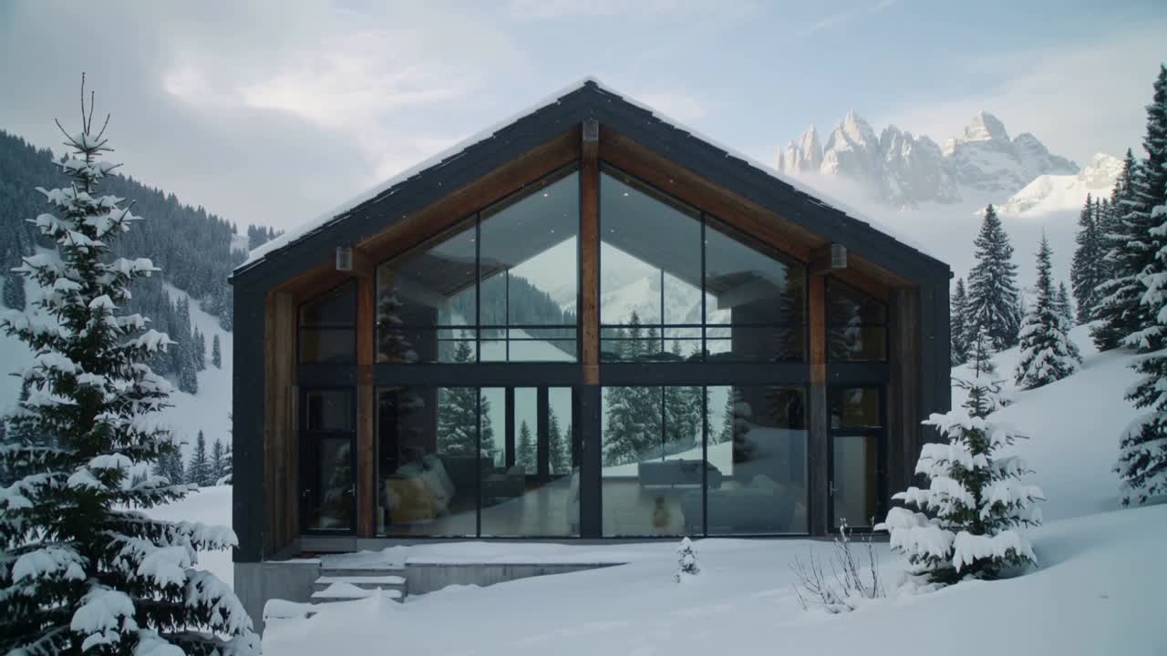 Caméra avançant cadrant un chalet alpin moderne en verre sur une pente enneigée, montrant les poutres en détail