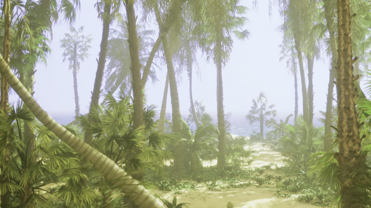 Lush tropical path leading to a serene ocean view at sunset time