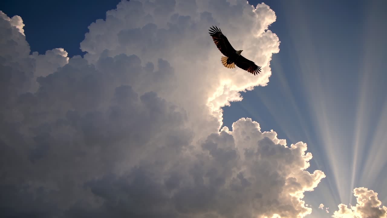 Un'aquila maestosa si libra nel cielo stagliandosi su nuvole intense e raggi di sole. La scena è stata ripresa da un angolo di ripresa basso.