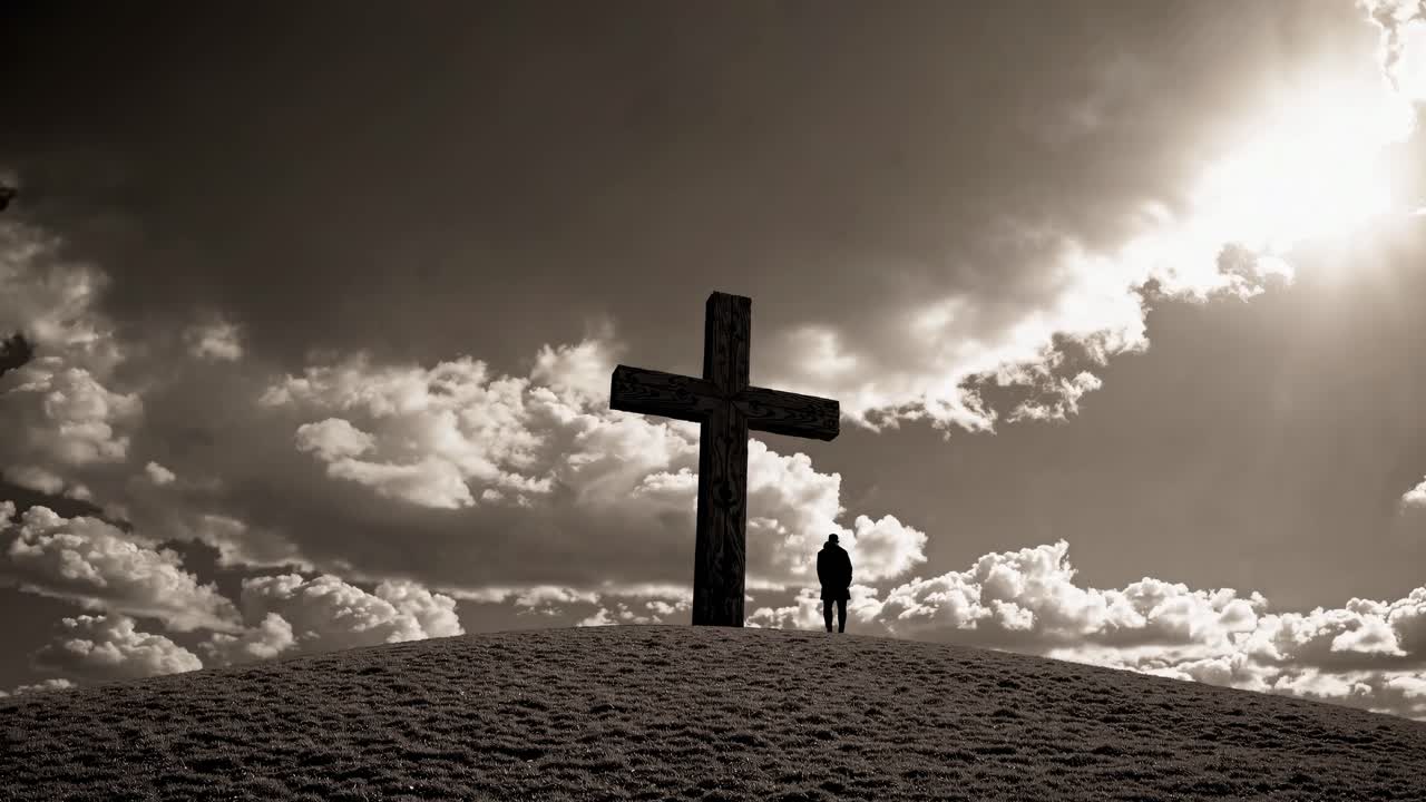 A dramatic, low-angle shot captures a lone figure beside a large cross on a hill, with a moody sky