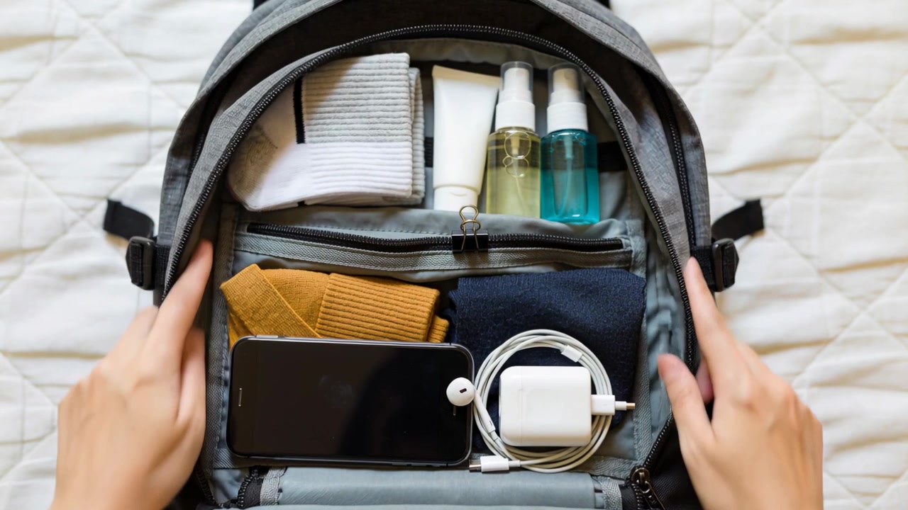 Memegang ritsleting, tangan dewasa membuka ransel abu-abu di tempat tidur berlapis, memeriksa botol semprot dan ponsel.
