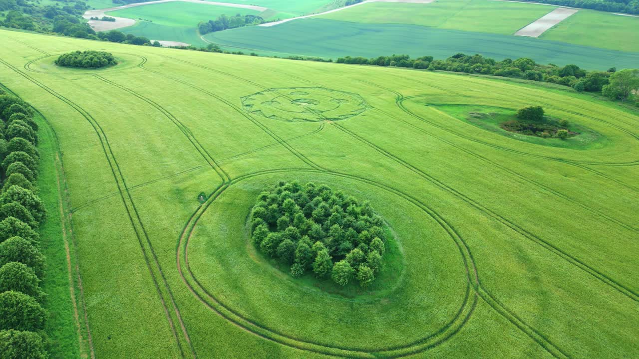 vista aérea de la formación simétrica de círculos de cultivo retroceda para revelar la exuberante pradera verde de la campiña de wiltshire
