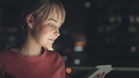 night, woman and tablet for communication in city