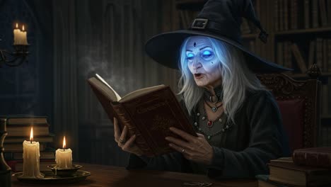 elderly sorceress portrayed in a mystical setting, engrossed in ancient texts with ethereal blue glow, surrounded by candlelight and enigmatic atmosphere
