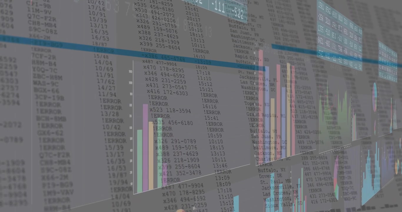 Kamera menggeser ke kanan, memperlihatkan dinding data dengan batang, kolom, dan penanda berwarna teal yang memindai untuk analisis.