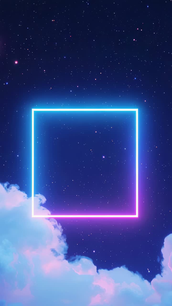 Vertical video: Starting loop neon square pulsing glow across stars and pastel clouds as wallpaper
