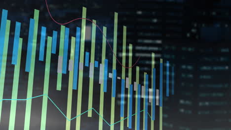 animation of financial data processing over cityscape